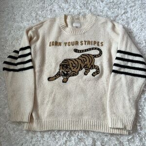 MOTHER Cream Tiger “Earn Your Stripes” Graphic Crewneck Sweater Size M
